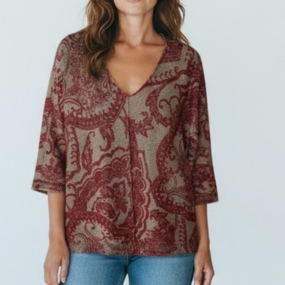 Chico's Paisley Print V-Neck 3/4 Sleeve Sweater Top Tan‎ Coral Size 2